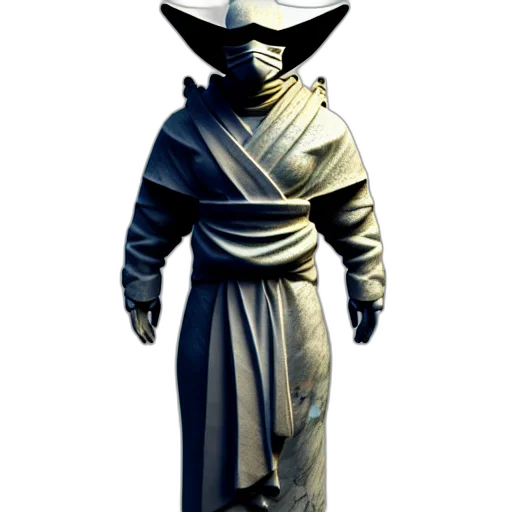 staff, sword, mask, jacket, concept art, 3d render, fantasy art, monochrome transparent PNG cut-out