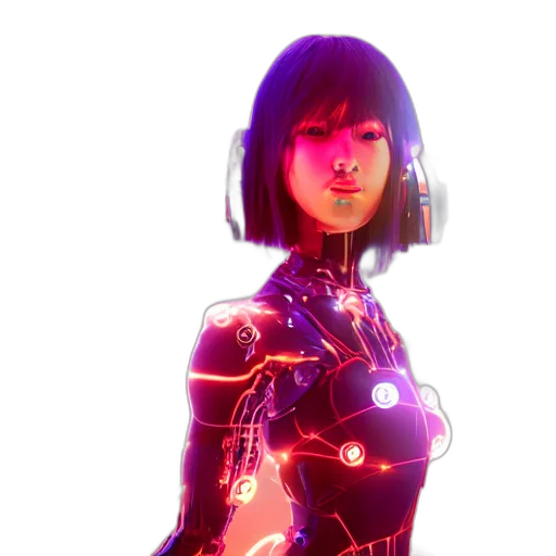 robot, dress, face, cyberpunk, concept art, 3d render, anime, neon lights transparent PNG cut-out