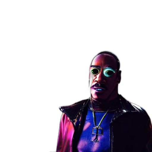jacket, staff, face, vaporwave, 3d render, photorealistic, cyberpunk, neon lights transparent PNG cut-out