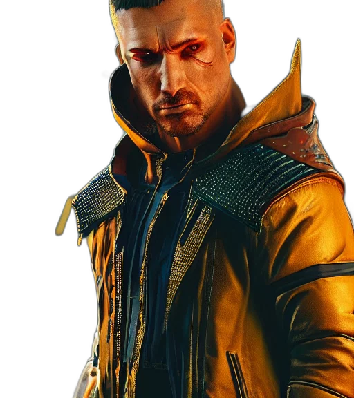 jacket, face, weapon, concept art, cyberpunk, photorealistic, comic book art, golden transparent PNG cut-out