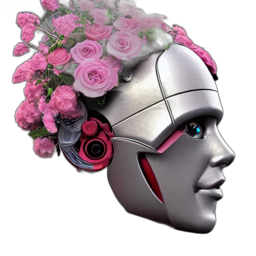robot, mask, crown, flower, cyberpunk, vaporwave, 3d render, concept art transparent PNG cut-out