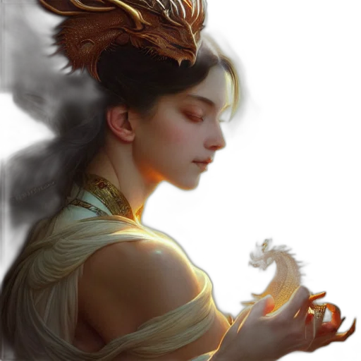 dragon, jewelry, fantasy art, concept art, photorealistic, oil painting, fire, sunset transparent PNG cut-out