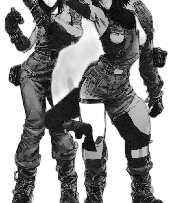 concept art, comic book art, 3d render, cyberpunk, monochrome, full, body, pose transparent PNG cut-out