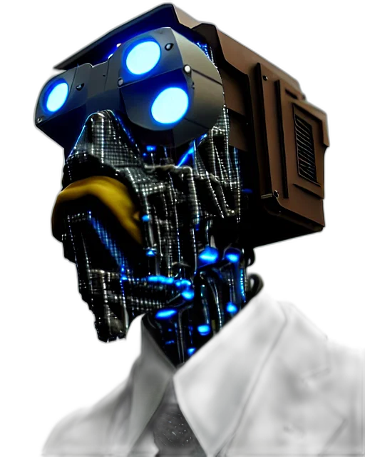 robot, mask, face, staff, cyberpunk, 3d render, concept art, pixel art transparent PNG cut-out