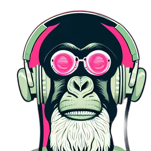 cartoon, concept art, cyberpunk, pixel art, stoned, ape, headphones, knitted transparent PNG cut-out