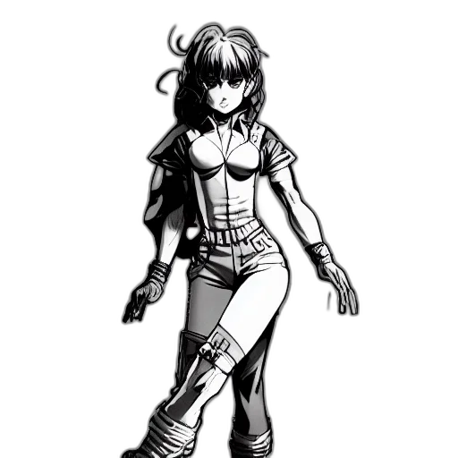 weapon, comic book art, concept art, cartoon, anime, monochrome, full, body transparent PNG cut-out