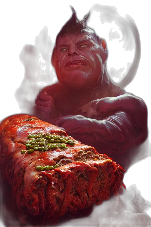 food, creature, face, concept art, comic book art, photorealistic, fantasy art, meatloaf transparent PNG cut-out