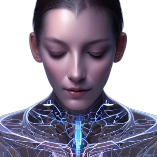 robot, face, jewelry, cyberpunk, concept art, photorealistic, 3d render, neon lights transparent PNG cut-out