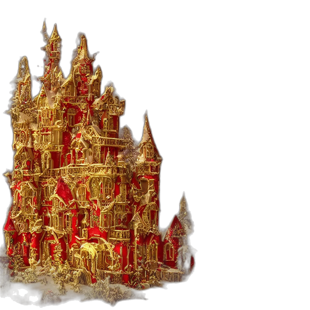 crown, 3d render, concept art, golden, red, rocococastle, snowglobe, unicorns transparent PNG cut-out