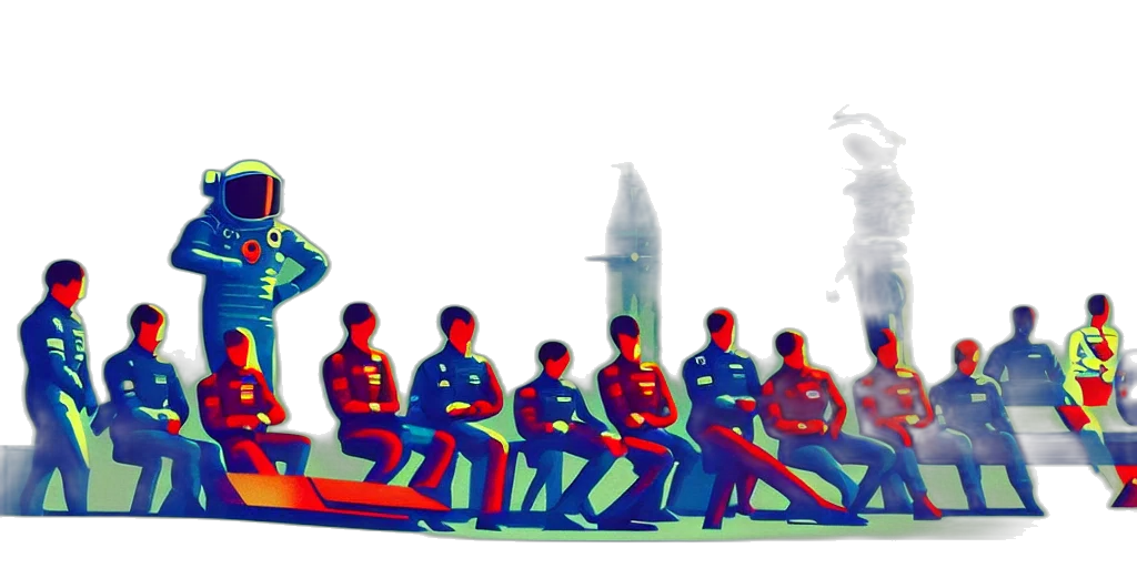 concept art, comic book art, pixel art, 3d render, outer space, twelve, cosmonauts, sitting transparent PNG cut-out