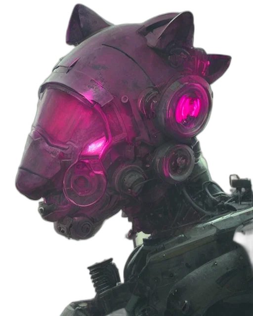 robot, mask, face, weapon, cyberpunk, concept art, 3d render, vaporwave transparent PNG cut-out