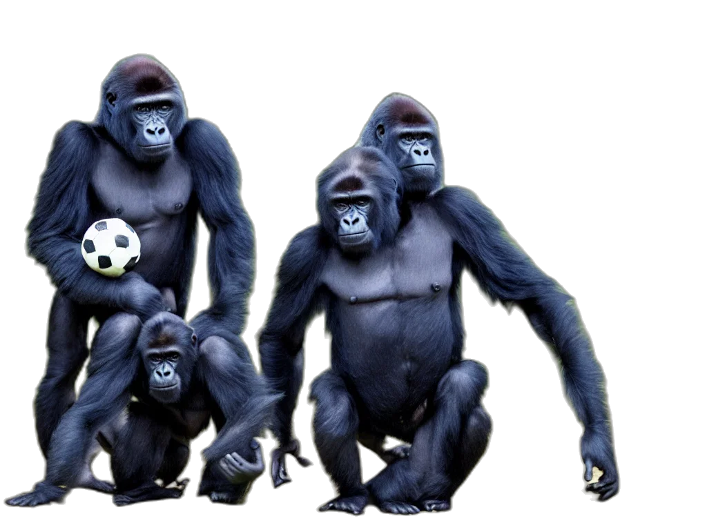 animal, concept art, 3d render, photorealistic, gorillas, playing, soccer, vivid transparent PNG cut-out