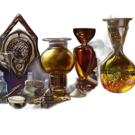 jewelry, bottle, fantasy art, concept art, photorealistic, hyper, real, table transparent PNG cut-out