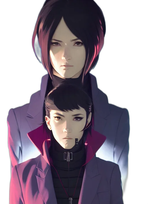 jacket, staff, mask, face, concept art, cyberpunk, anime, pixel art transparent PNG cut-out