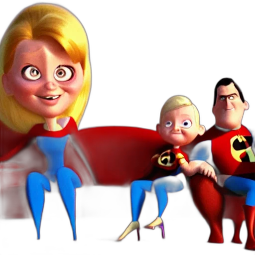 3d render, concept art, comic book art, cartoon, incredibles, family, sitting, couch transparent PNG cut-out