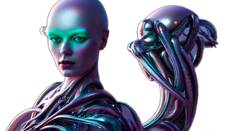 robot, cyberpunk, concept art, 3d render, comic book art, neon lights, outer space, green transparent PNG cut-out