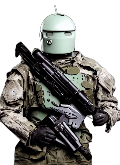 robot, weapon, staff, concept art, pixel art, 3d render, cyberpunk, green transparent PNG cut-out