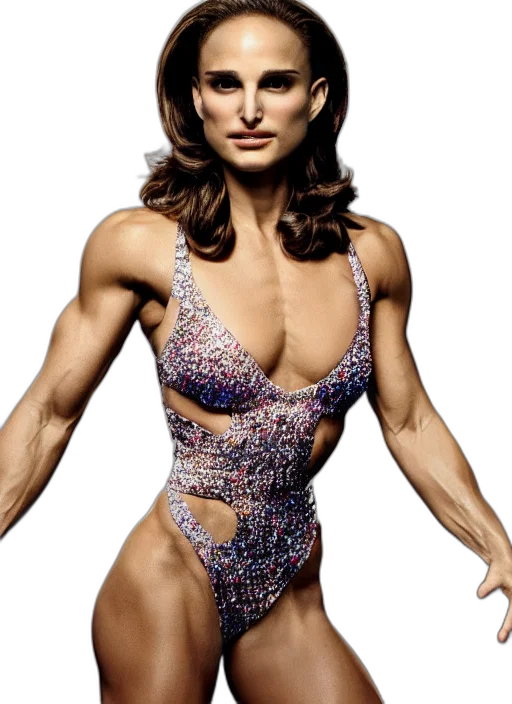 dress, photorealistic, photoshoot, natalie, portman, miss, olympia, bodybuilder transparent PNG cut-out