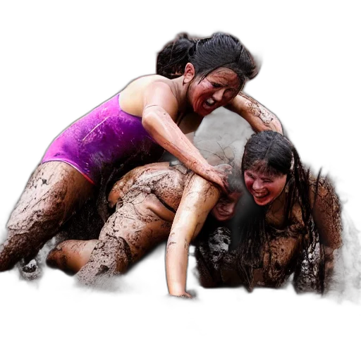 photorealistic, concept art, women, fall, over, mud, wrestling transparent PNG cut-out
