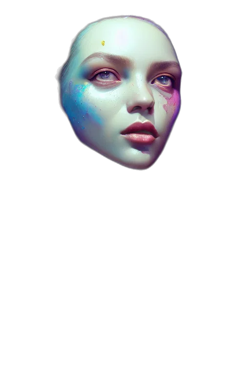 face, mask, robot, creature, vaporwave, concept art, 3d render, photorealistic transparent PNG cut-out