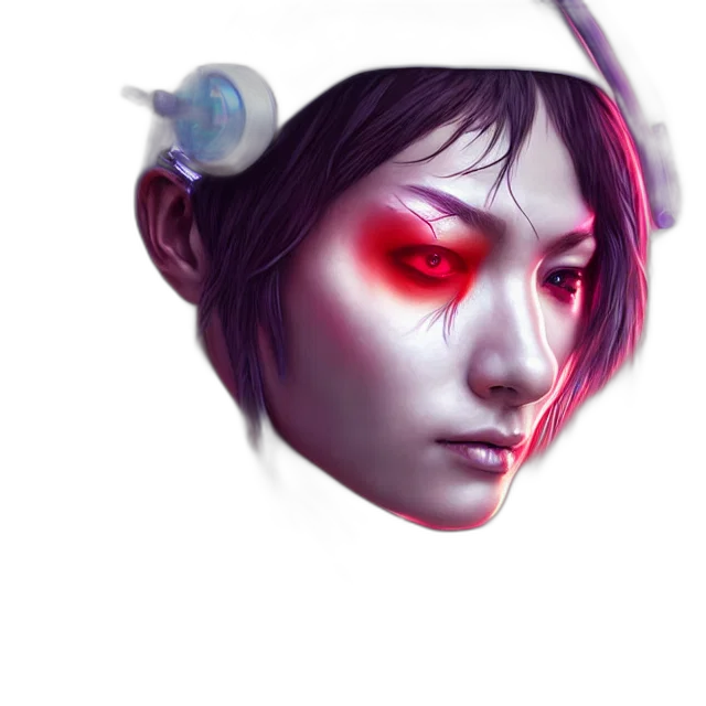 face, mask, robot, staff, fantasy art, cyberpunk, concept art, photorealistic transparent PNG cut-out