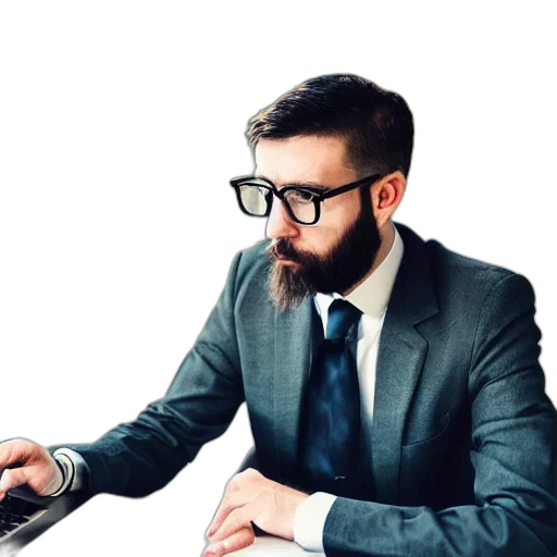 staff, jacket, face, man, wearing, suit, working, laptop transparent PNG cut-out