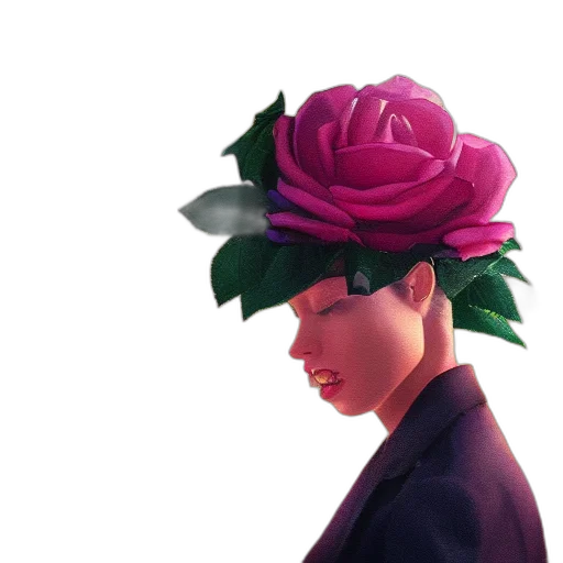 crown, hat, flower, face, vaporwave, watercolor, concept art, photorealistic transparent PNG cut-out