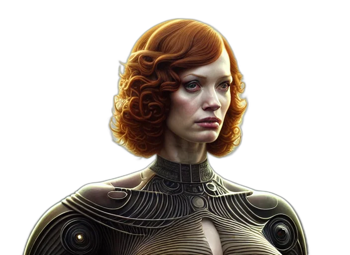 dress, robot, face, comic book art, fantasy art, concept art, photorealistic, golden transparent PNG cut-out