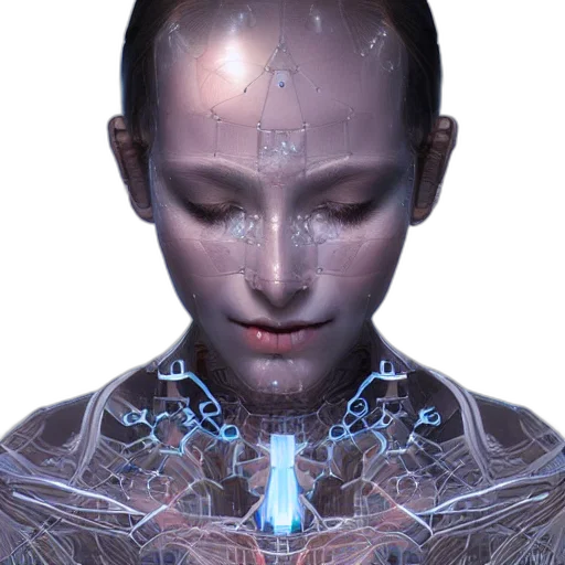 robot, face, jewelry, cyberpunk, concept art, 3d render, photorealistic, artificial transparent PNG cut-out