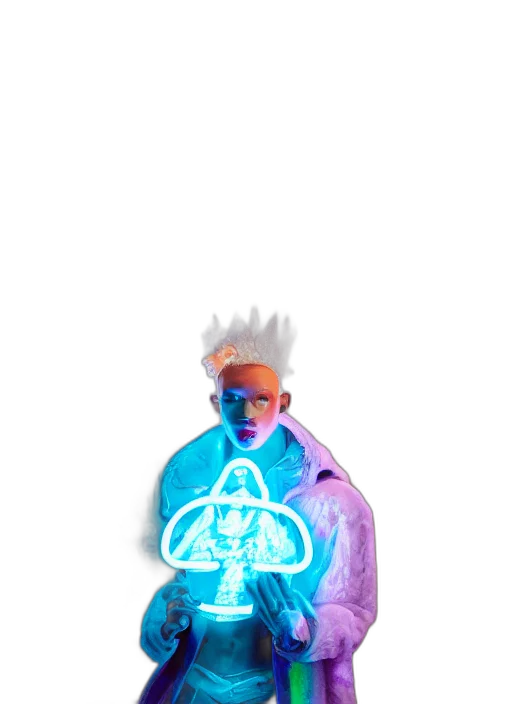 jacket, mask, creature, staff, cyberpunk, vaporwave, concept art, pixel art transparent PNG cut-out