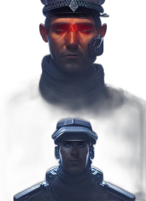face, robot, mask, hat, concept art, comic book art, cyberpunk, fantasy art transparent PNG cut-out