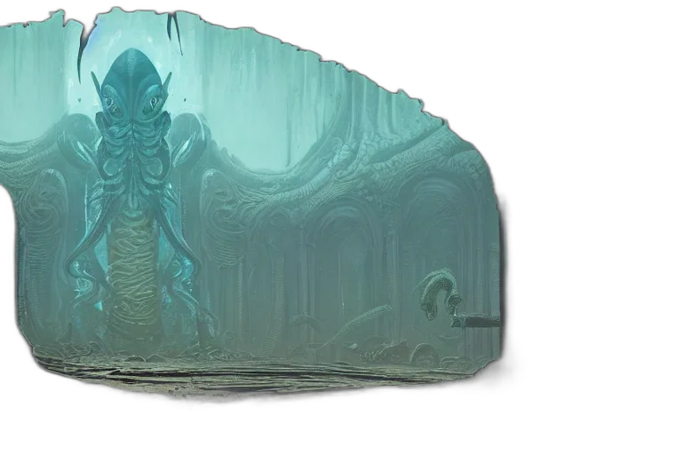 creature, sword, dragon, mask, concept art, fantasy art, 3d render, underwater transparent PNG cut-out