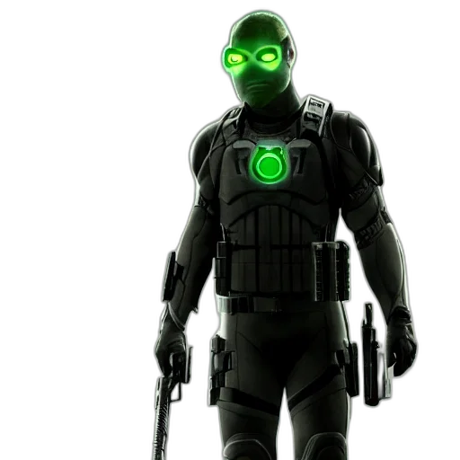 mask, robot, staff, concept art, 3d render, comic book art, cyberpunk, green transparent PNG cut-out