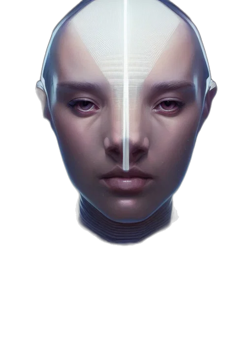 face, robot, mask, creature, photorealistic, cyberpunk, concept art, 3d render transparent PNG cut-out