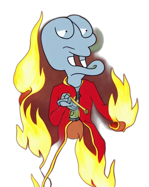 jacket, staff, cartoon, concept art, fire, squidward, tentacles, wearing transparent PNG cut-out