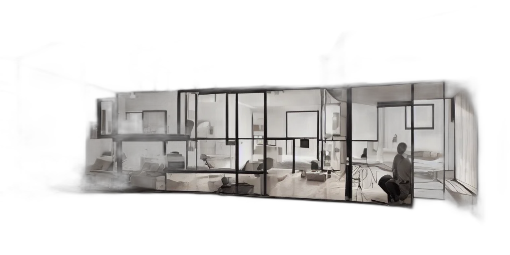 furniture, 3d render, concept art, photorealistic, monochrome, cutaway, house, showing transparent PNG cut-out