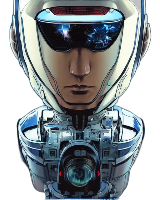 robot, face, mask, weapon, comic book art, concept art, cyberpunk, cartoon transparent PNG cut-out