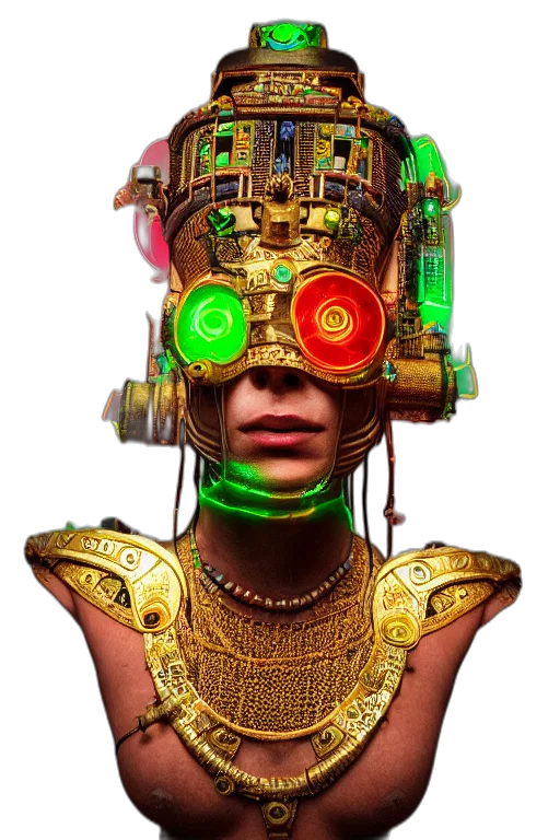 robot, mask, face, staff, cyberpunk, concept art, 3d render, fantasy art transparent PNG cut-out