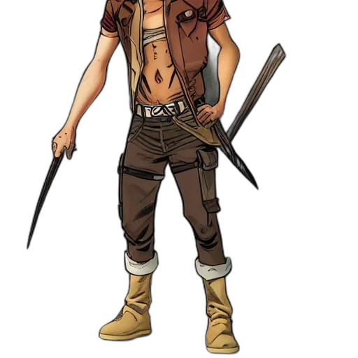 staff, weapon, jacket, concept art, comic book art, fantasy art, pixel art, earth tones transparent PNG cut-out
