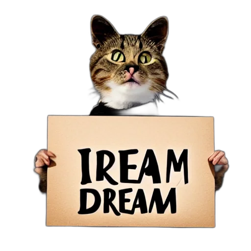 animal, photorealistic, cat, holding, sign, text, reads, dream transparent PNG cut-out