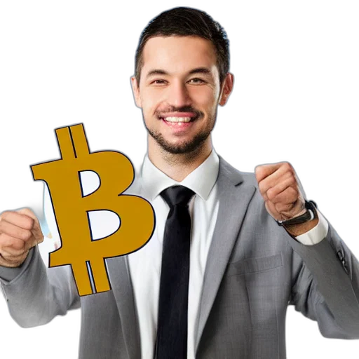 staff, businessman, holding, happy, bitcoin transparent PNG cut-out