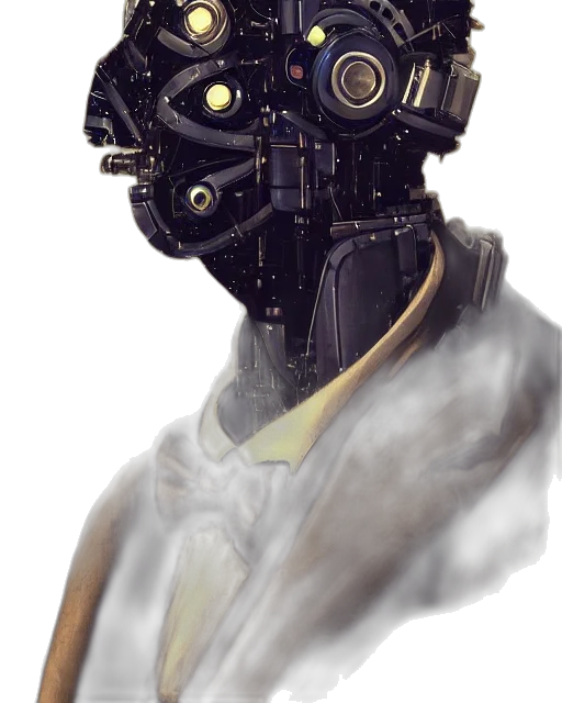 robot, mask, face, staff, concept art, cyberpunk, fantasy art, watercolor transparent PNG cut-out