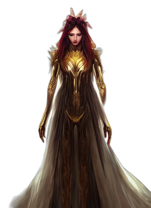 dress, fantasy art, concept art, comic book art, pixel art, golden, dark, earth tones transparent PNG cut-out