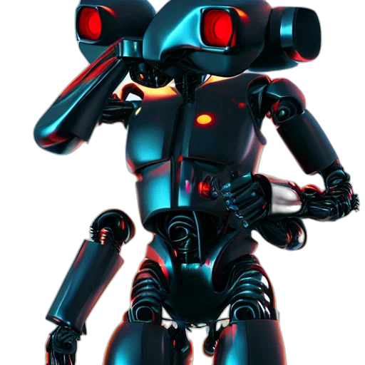 robot, staff, 3d render, concept art, cyberpunk, pixel art, red, dark transparent PNG cut-out