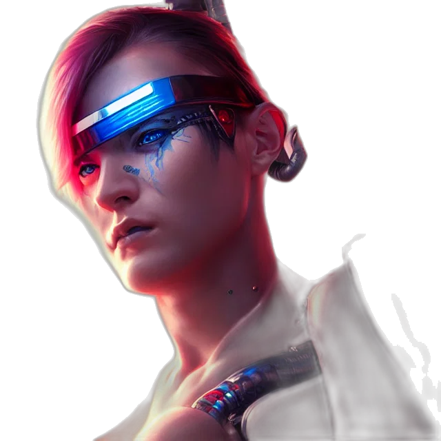 robot, face, staff, weapon, cyberpunk, concept art, 3d render, vaporwave transparent PNG cut-out