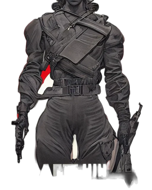 jacket, staff, weapon, robot, concept art, comic book art, cyberpunk, 3d render transparent PNG cut-out