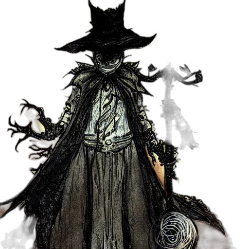 staff, hat, mask, concept art, fantasy art, comic book art, dark, monochrome transparent PNG cut-out