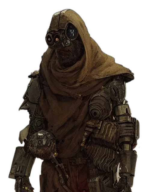mask, staff, robot, creature, concept art, fantasy art, cyberpunk, 3d render transparent PNG cut-out