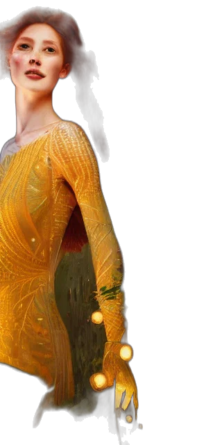 dress, hair, jacket, 3d render, photorealistic, concept art, golden, earth tones transparent PNG cut-out