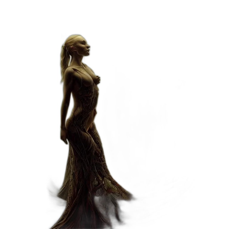 dress, hair, creature, staff transparent PNG cut-out